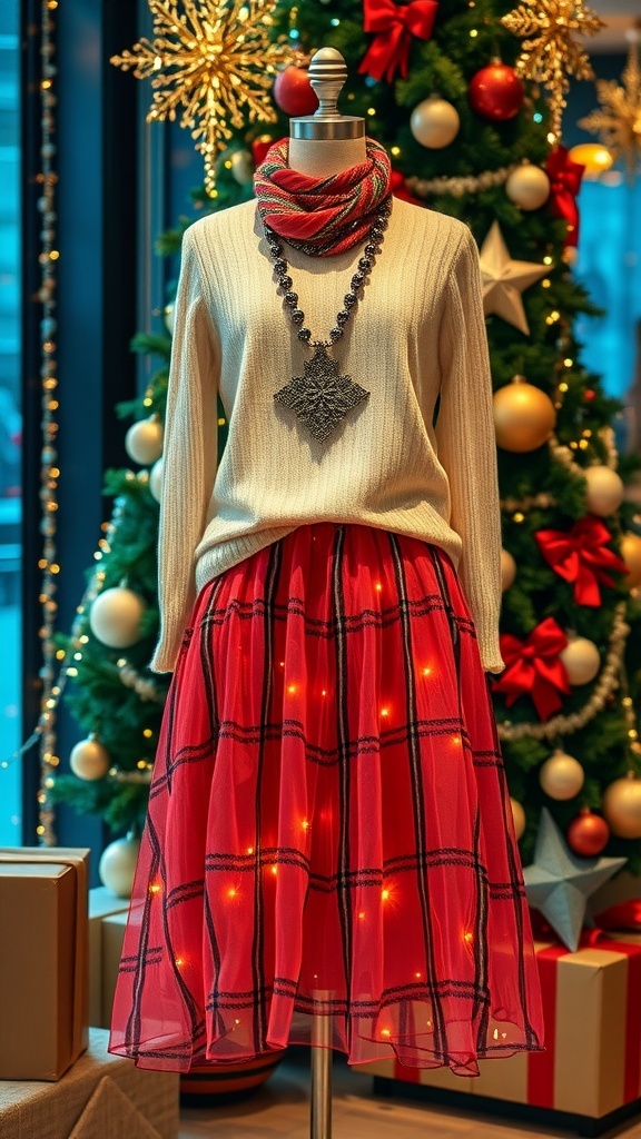 A chic Christmas outfit with a festive skirt and cozy sweater, accessorized for the holiday season.